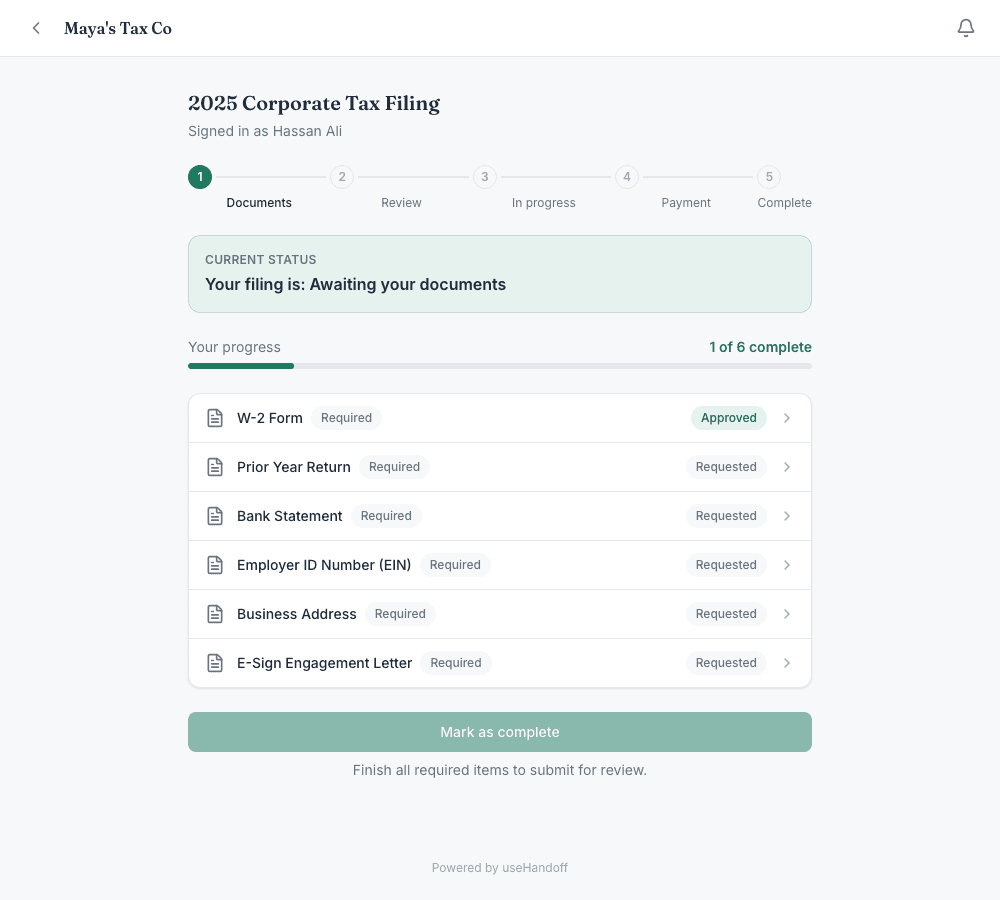 useHandoff client checklist showing progress and requested items