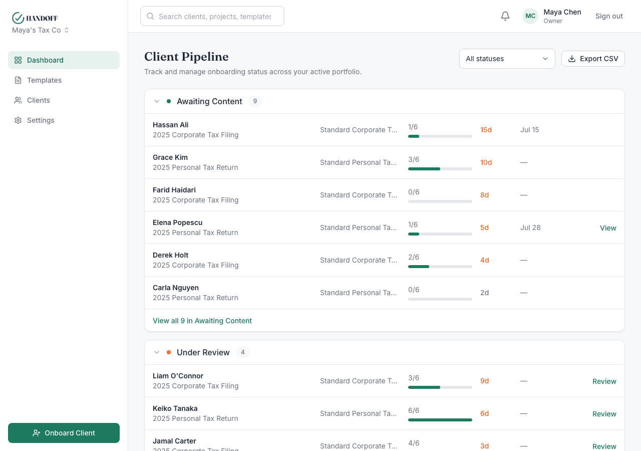 useHandoff vendor pipeline dashboard showing clients grouped by status