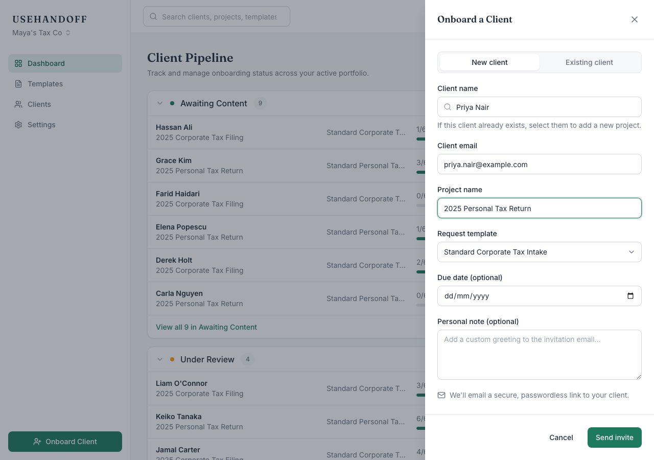 The Onboard a Client slide-over filled in with a client name, email, project name, and a selected template
