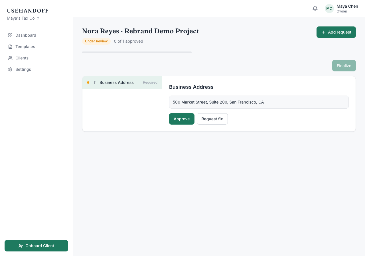 The review workspace showing a checklist item selected with what the client submitted, and Approve / Request fix buttons