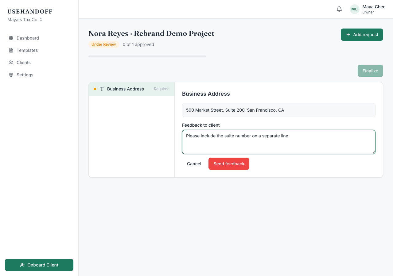 The feedback note field open under a checklist item, with "Cancel" and "Send feedback" buttons