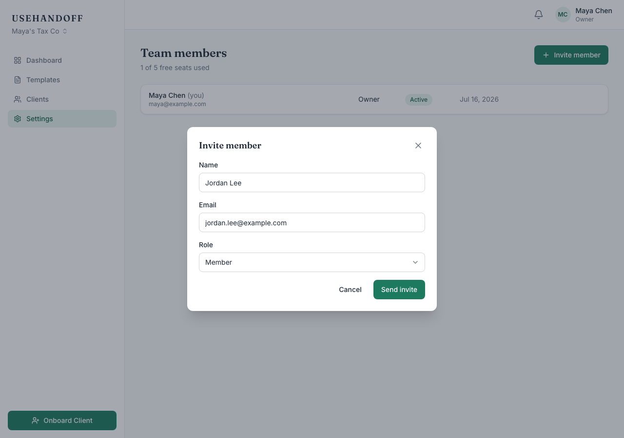 The Invite member modal with an email field and a role selector